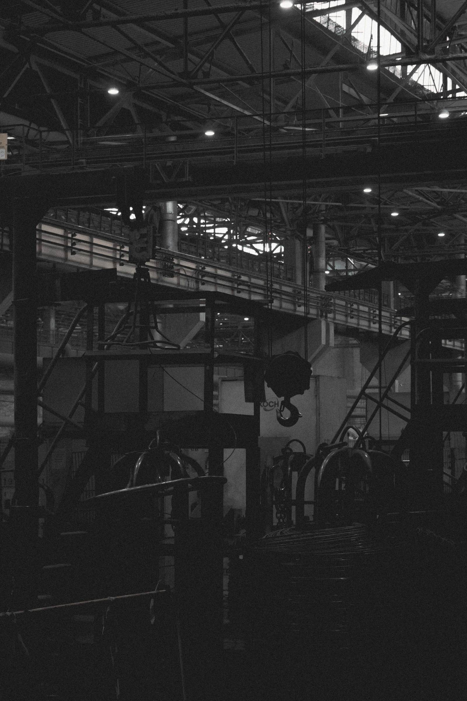 Monochrome interior of an industrial workshop